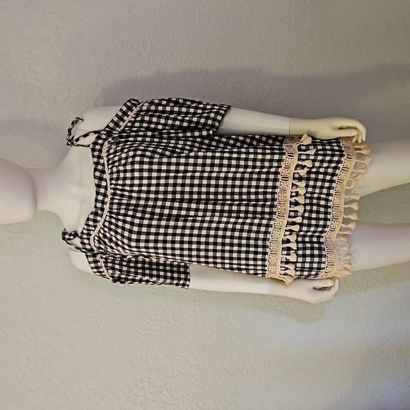 DOE & RAE Black Check Lace Tassel Off Shoulder Bardot Blouse Large - Picture 3 of 9